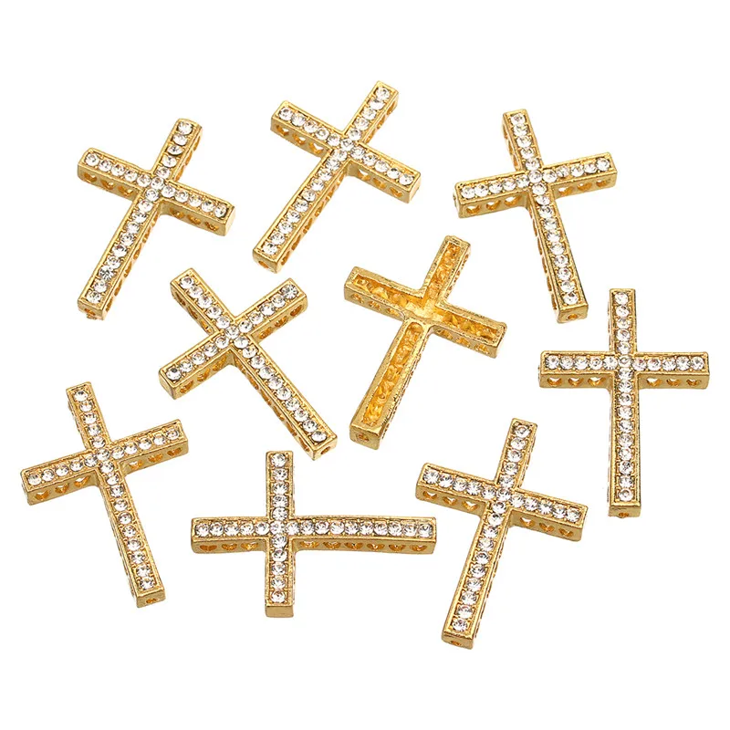 5pcs/bag Wholesale Gold/Rhodium/Gunmetal Color Rhinestone Sideway Cross Bracelet Charm Pendant for Jewelry Making AccessoryF293