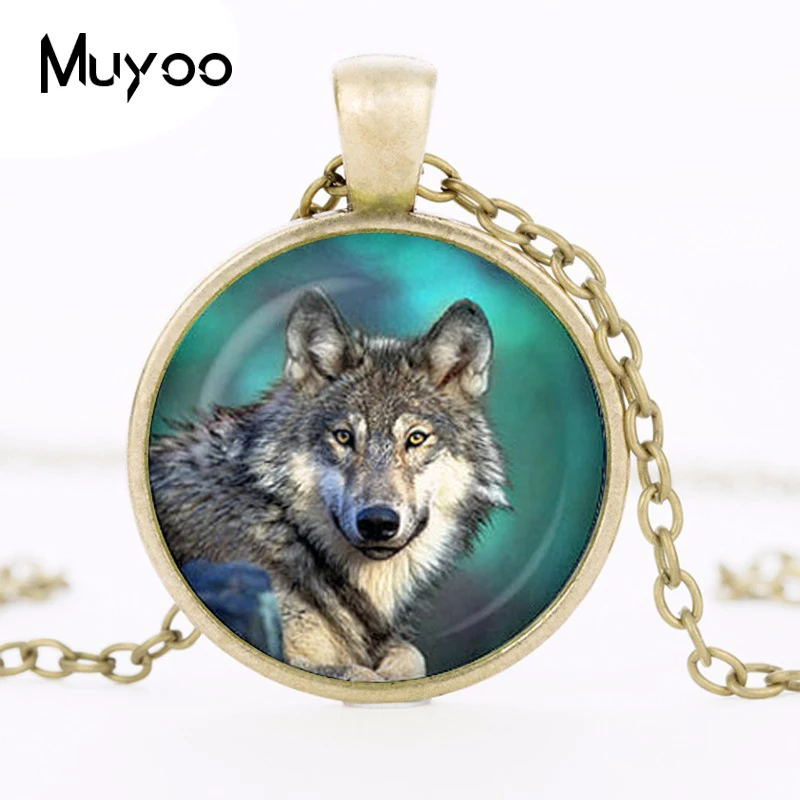 Handicraft Jewelry Vintage Wolf Pendant Necklace Round Photo Chain Glass Cabochon Colares Femininos HZ1