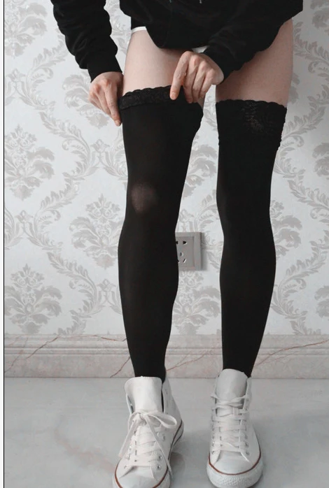 hot  80D Velvet Knee Socks Fashion men Sexy Longituba Lace edge non-slip Stockings Knee Lace Pantyhose Tight Black Stockings men