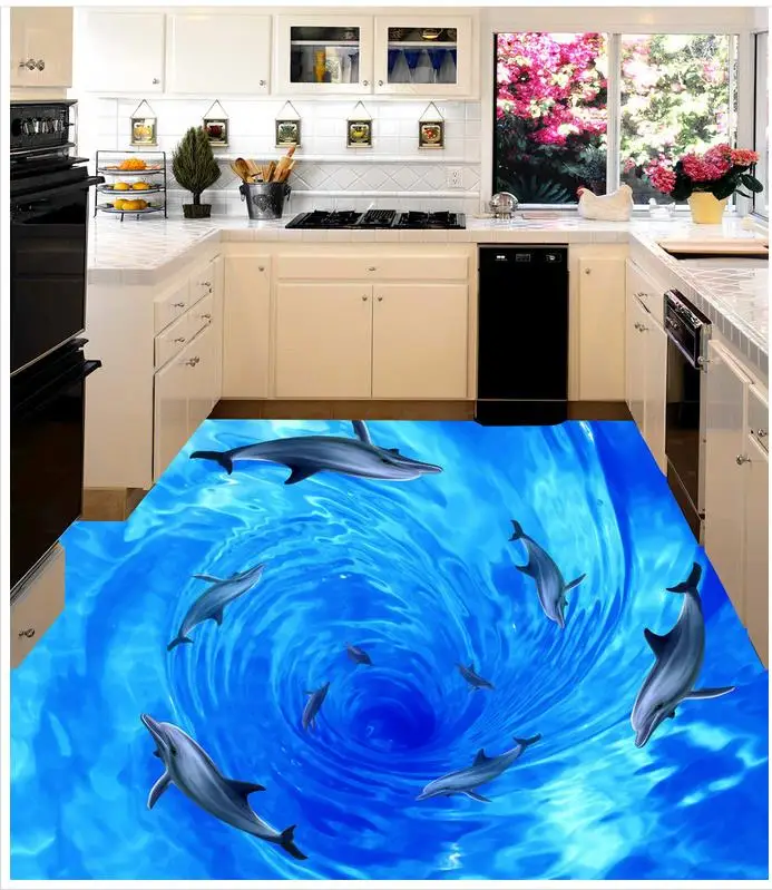 

self-adhesive PVC Wallpaper Dolphin waves sea world 3 d bathroom living room floor Modern Floor painting