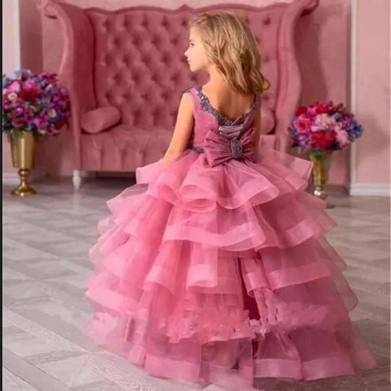 

Pink Flower Girl Dress Lace Appliqué Sleeveless Cascading Tulle Girl Prom First Holy Communion Get Together Dresses