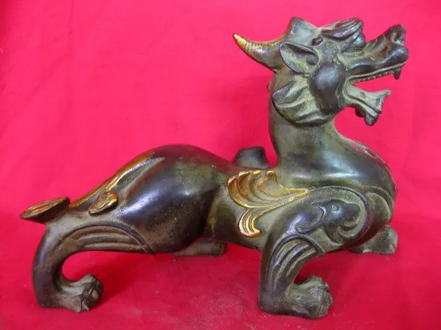 Rare Old Pair Qing Dynasty Bronze Mythical wild animal --kirin Statue/ Sculpture,best collection&adornment,free shipping