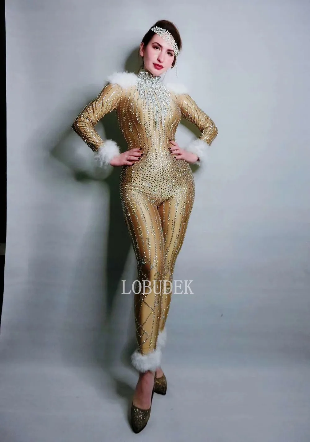 Luxury Rhinestones Chains Plush Sleeve Jumpsuit for Women Birthday Evening Party Celebrate Outfit Singer Stage Costume