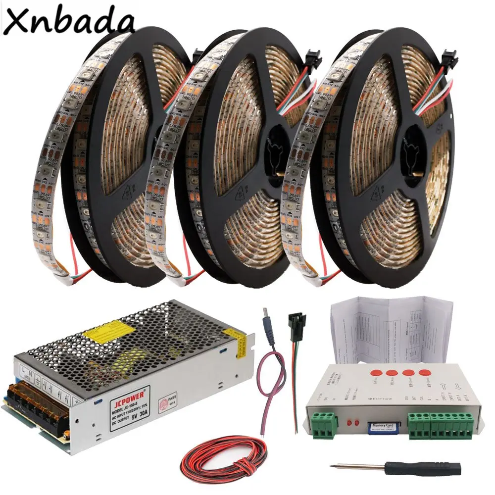 WS2812B WS2812 RGB Led Strip Light Tape T-1000S SD Card Pixels RGB Led Controller DC5V Led Transformer Kit 5m 10m 15m 20m