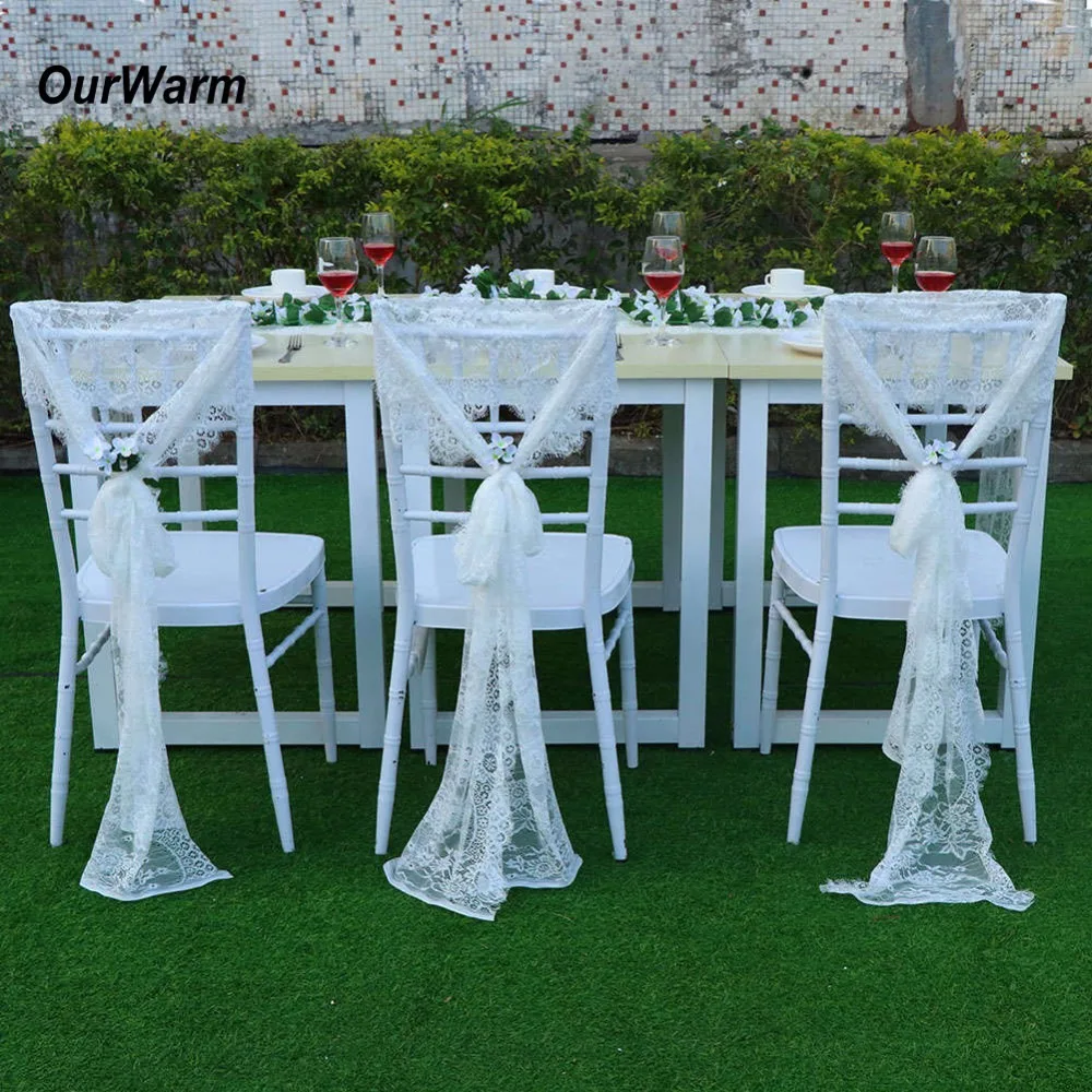 OurWarm 35x300CM Wedding Chair Sashes Floral White Lace Chair Bow Baby Shower Birthday Wedding Party Decoration Home Textile