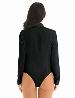 Female Women Girls Collar V Neck One-Piece Turn-down Collar Long Sleeve Button Down Easy Care Work Bodysuit Shirt Jumpsuit 3