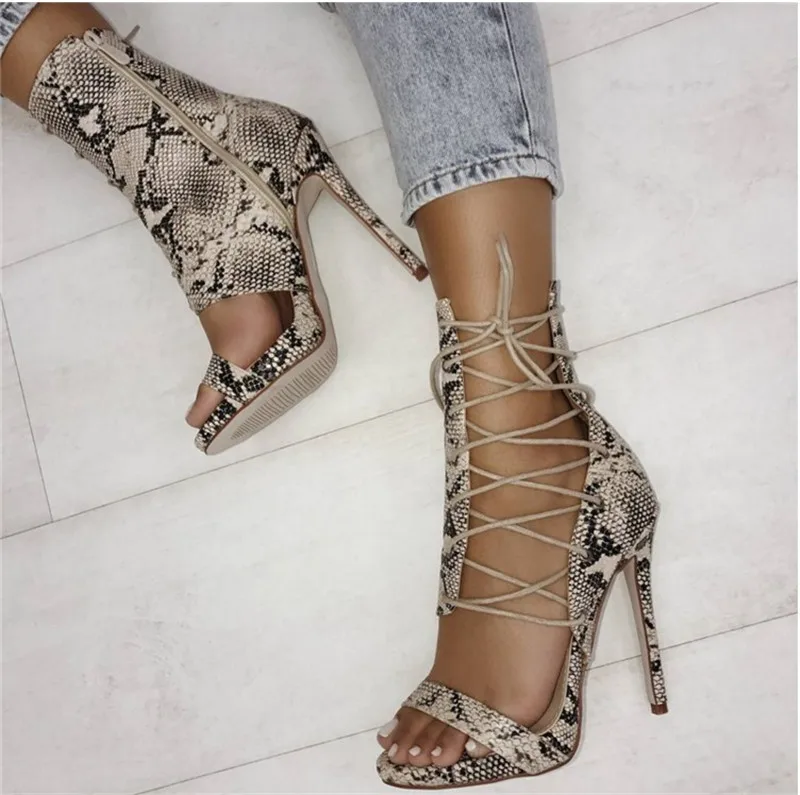 

2018 Summer New Fashion Snake Leather Side Lace-up Gladiator Sandals Cut-out Thin Heel Ankle Wrap High Heel Sandals