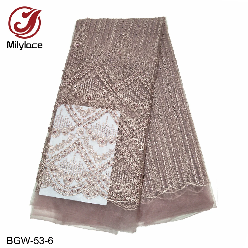 Wholesale price african lace fabric 5 yards per lot nigerian lace fabrics deep wine french lace with rhinestones BGW-53