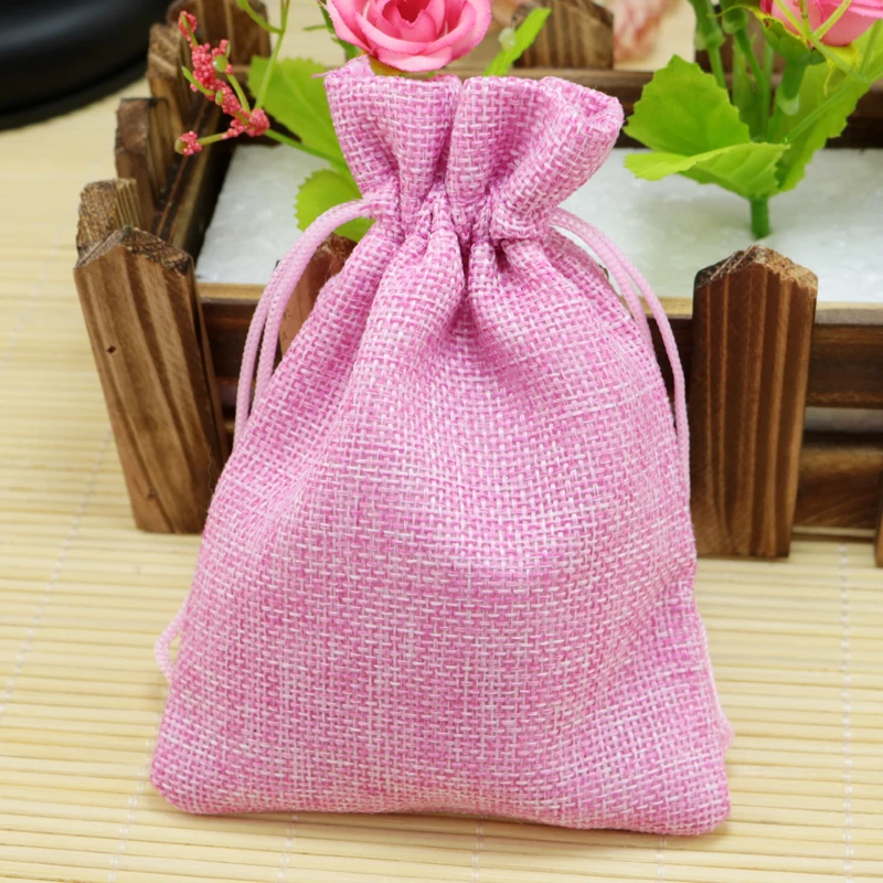 

free shipping 50pcs/lot 10x14cm Pink colour Linen Favor Bags gift bag candy bag jewelry package