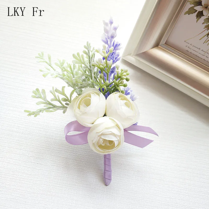 LKY Fr boda Boutonniere Pin blanco seda Rosa muñeca ramillete pulsera dama de honor flor novio broche boda puño muñeca ramillete