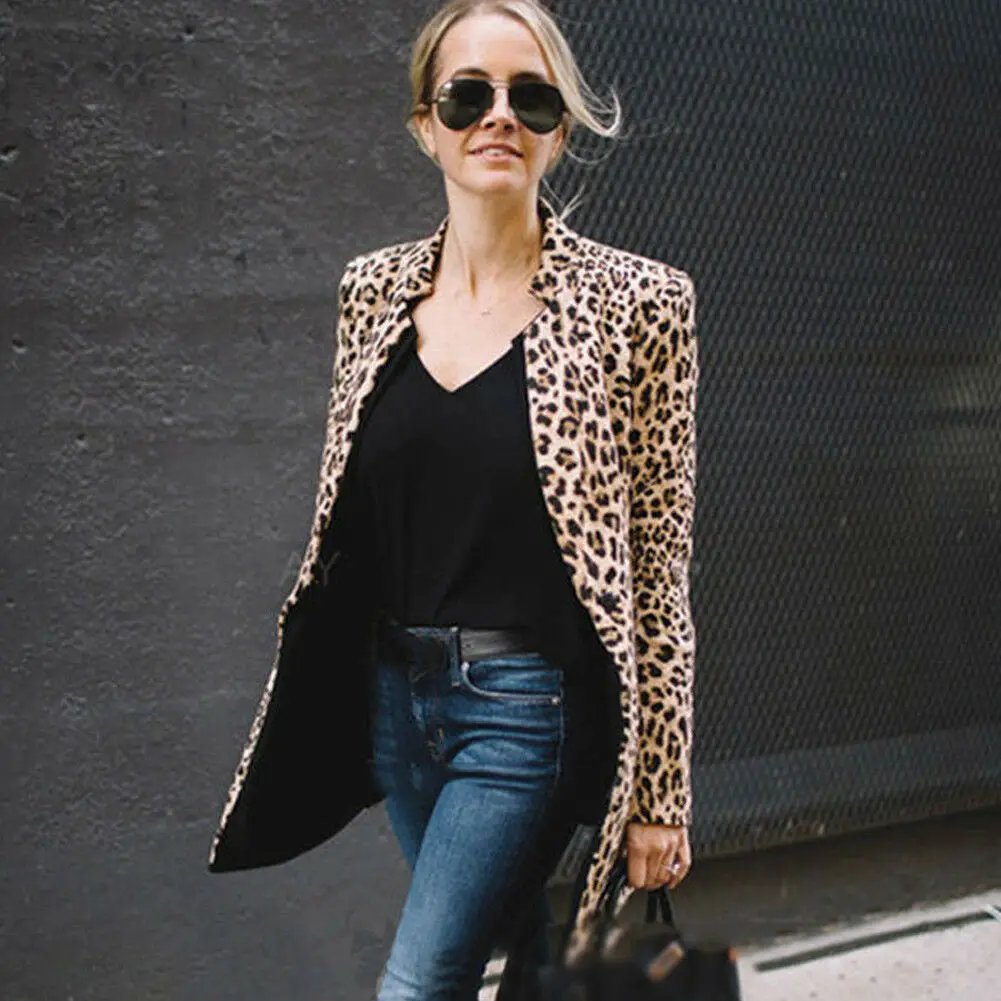 Hot Sale Leopard Women Casual Long Sleeve Blazer Leopard Print Slim Cardigan Suit Blazer Jacket Coat Outwear