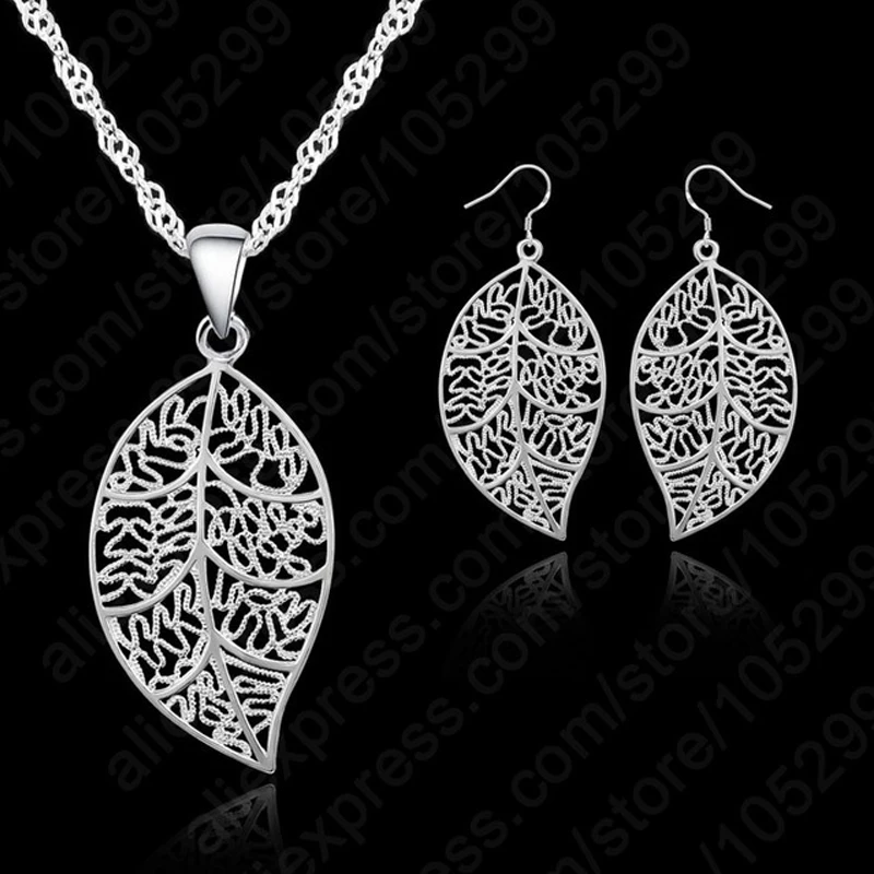 Promotion Silver Color Jewelry Sets For Women Leaves Pendant Earrings With Singapore Chain Necklace