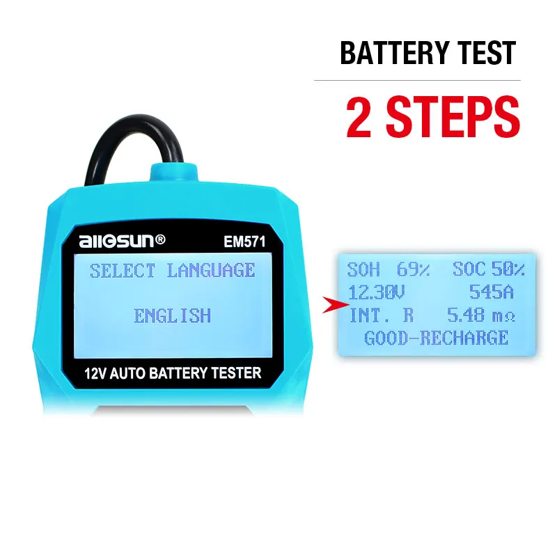 all-sun EM571 12V Automotive Digital Car Battery Tester 100-2000 CCA LCD Cranking Charging Tester Diagnostic Tool Russian