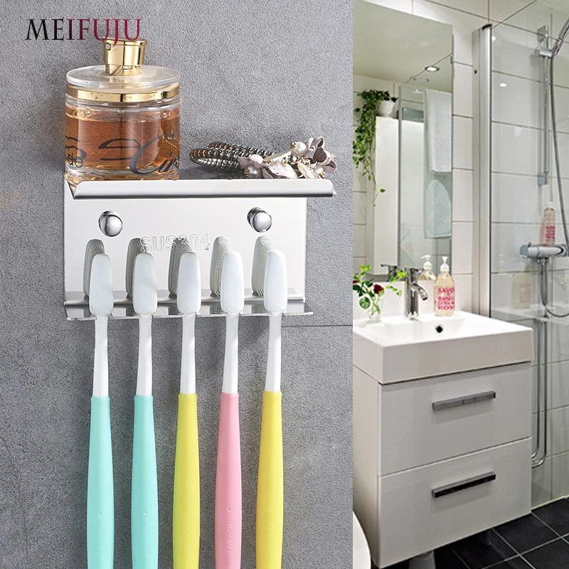 MEIFUJU Black Bathroom Shelves SUS304 Stainless Steel Toothbrush Holder with shelf phone Dish Wall-mounted Bathroom Accessories