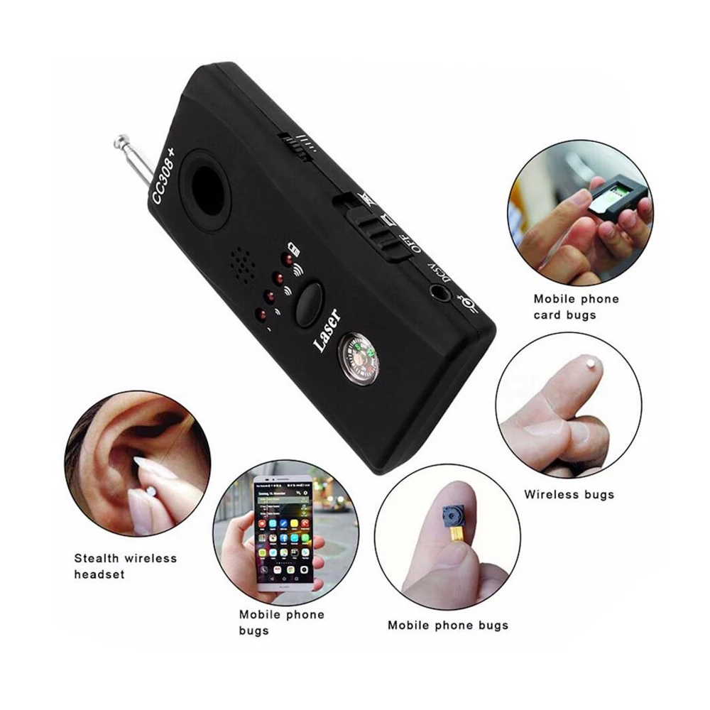 CC308 + Mini Anti-Spy RF Signal Radio Freqency Detector telecamera nascosta lente Laser rilevatore di dispositivi GSM