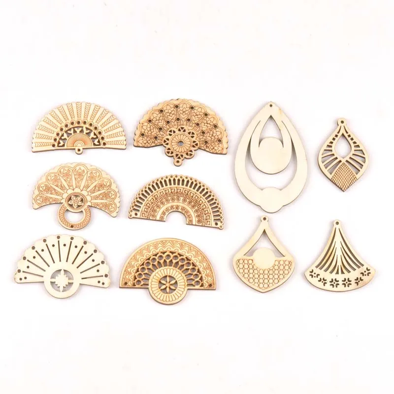 10pcs Natural Wooden fan Drop pentant Sector Handmade Diy Scrapbooking Craft earring Hanging Charms decoration MT1998