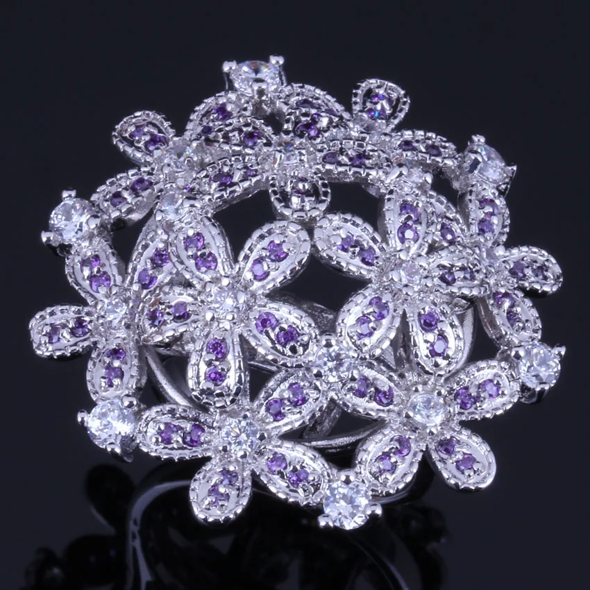 Brilliant Huge Flower Purple Cubic Zirconia White CZ Silver Plated Ring V0523