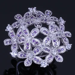 Brilliant Huge Flower Purple Cubic Zirconia White CZ Silver Plated Ring V0523