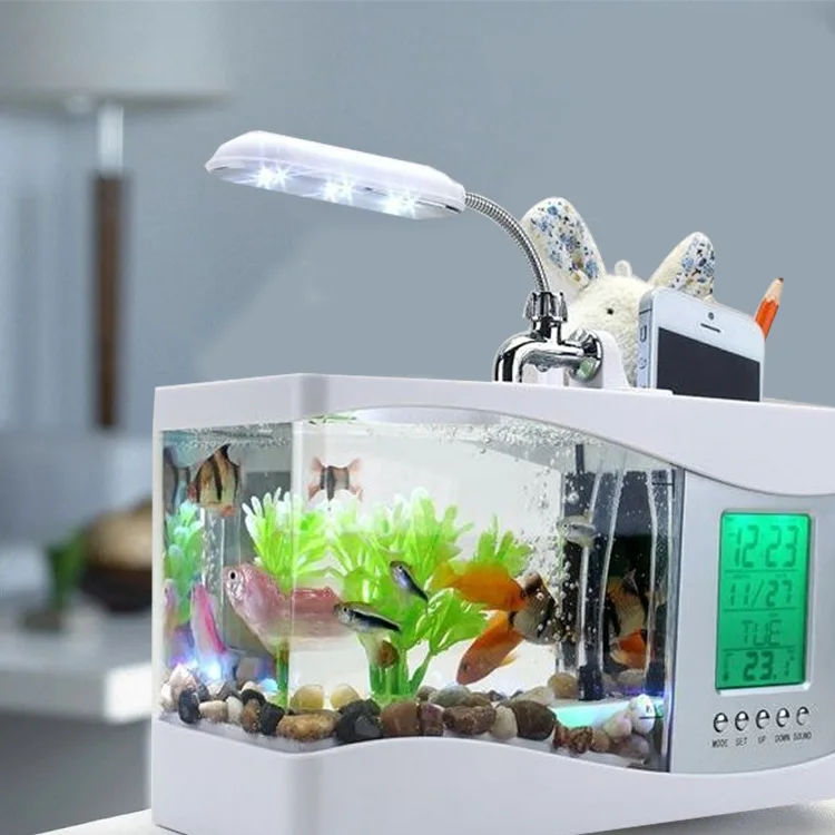 

Usb мини-аквариум настольный электронный аквариум мини-аквариум с пробегом воды светодиодный насос светильник вой календарь часы белый черный