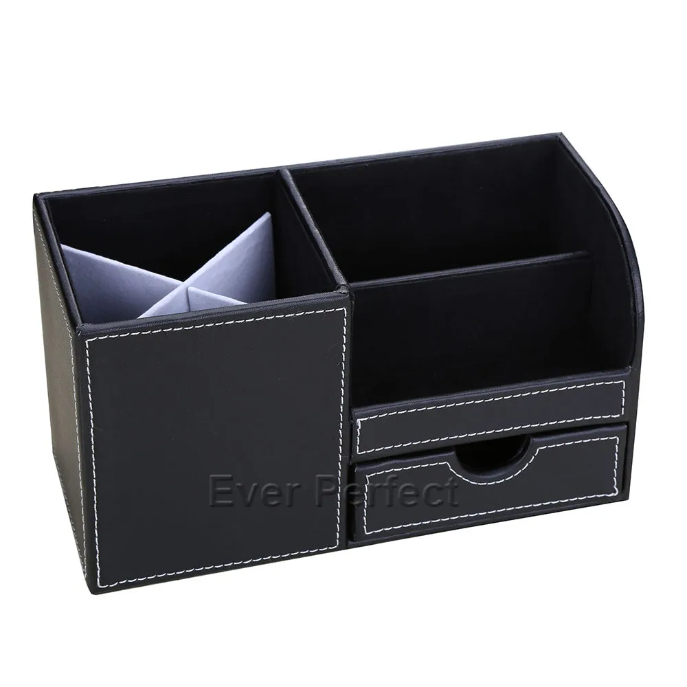 Multi-Functional Desk Organizer Stationery Holder Wooden Drawer Storage Boxes PU Leather Pen Holder Pencil Box Case Containers