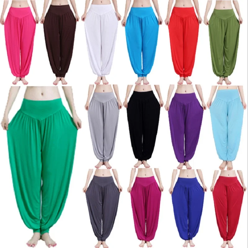 Calça feminina plus size para yoga, calça legging esportiva colorida bloomers dança yoga taichi