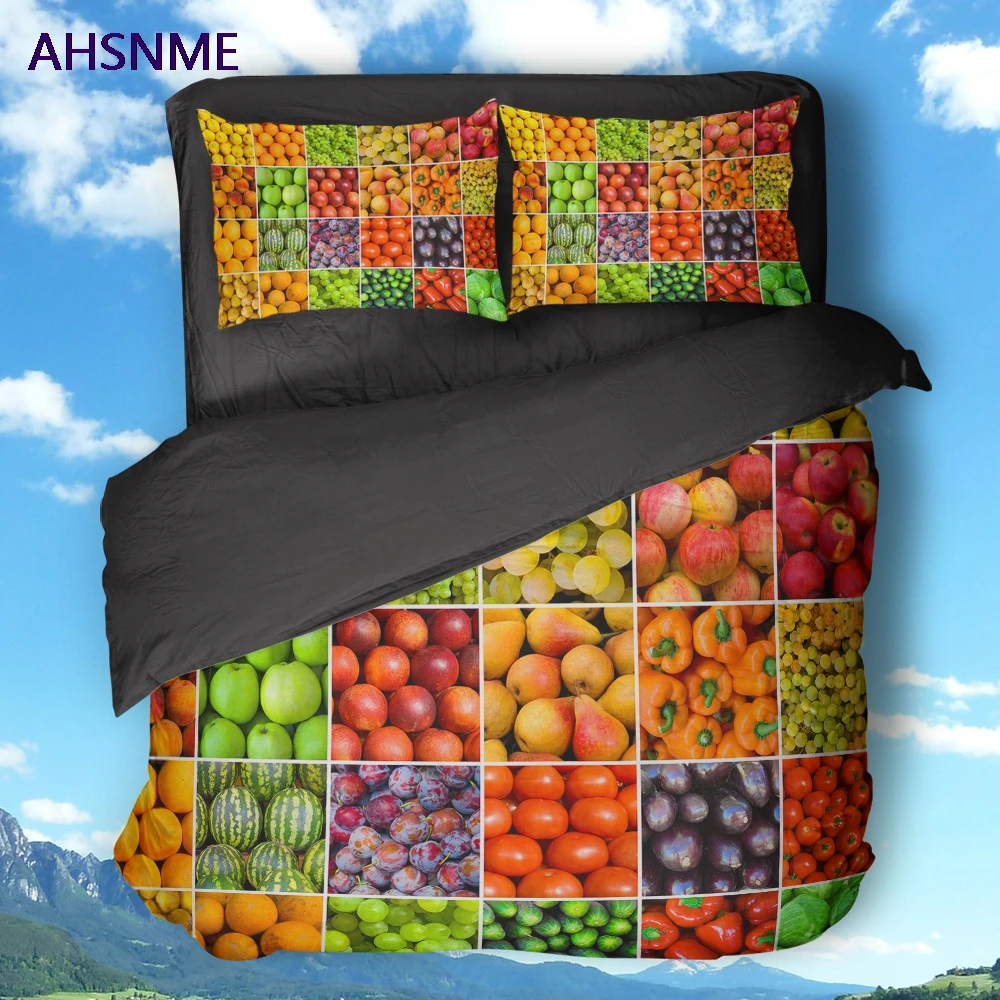 AHSNME High Definition 3D Fruit Pattern Black Cover Set Polyester Bedding Set customize Color Style of Super King Size Bed Set