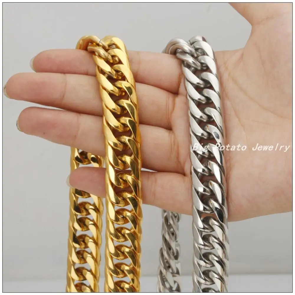 16mm Width 7-40inch Silver&Gold Color 316L Stainless Steel Boy Curb Cuban Chain Necklace Heavy Jewelry