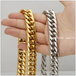 16mm Width 7-40inch Silver&Gold Color 316L Stainless Steel Boy Curb Cuban Chain Necklace Heavy Jewelry