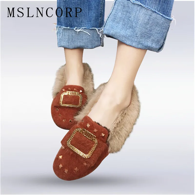 

Plus Size 34-44 Fashion Metal Decoration Animal Rabbit Hair Rivet Flat Shoes Slip On Woman Fur Loafers warm plush winter shoes