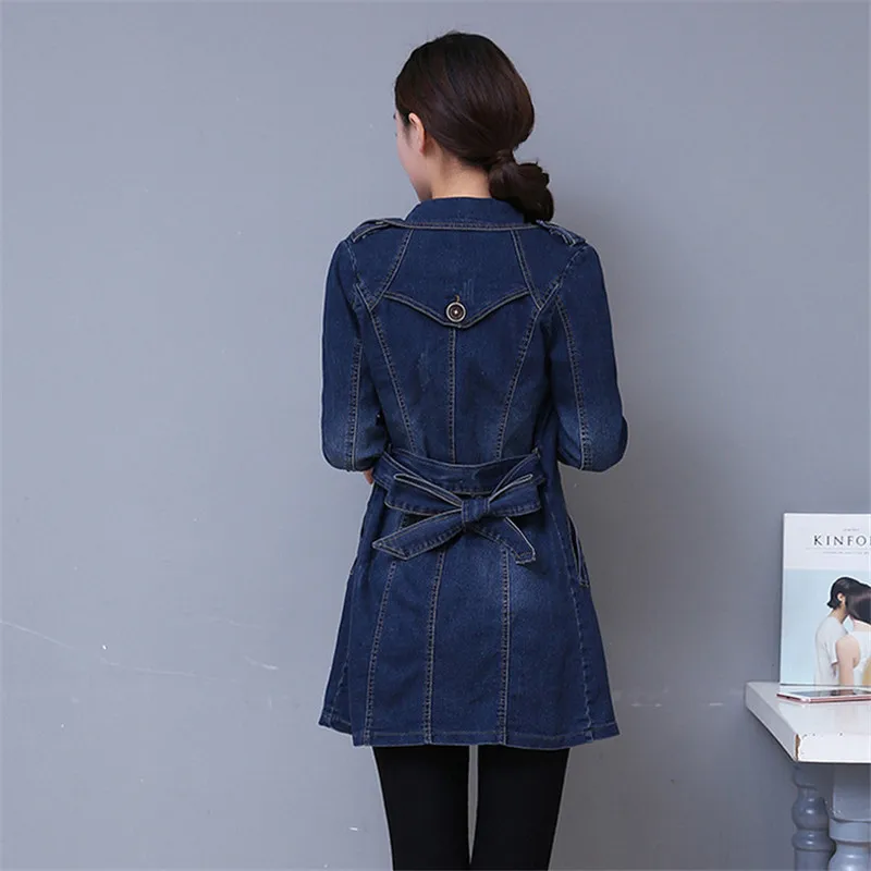 

Long Denim Jacket Women's Double-breasted Denim Coat Whit Belt Ladies Autumn New Casual Slim 3XL Windbreaker W944