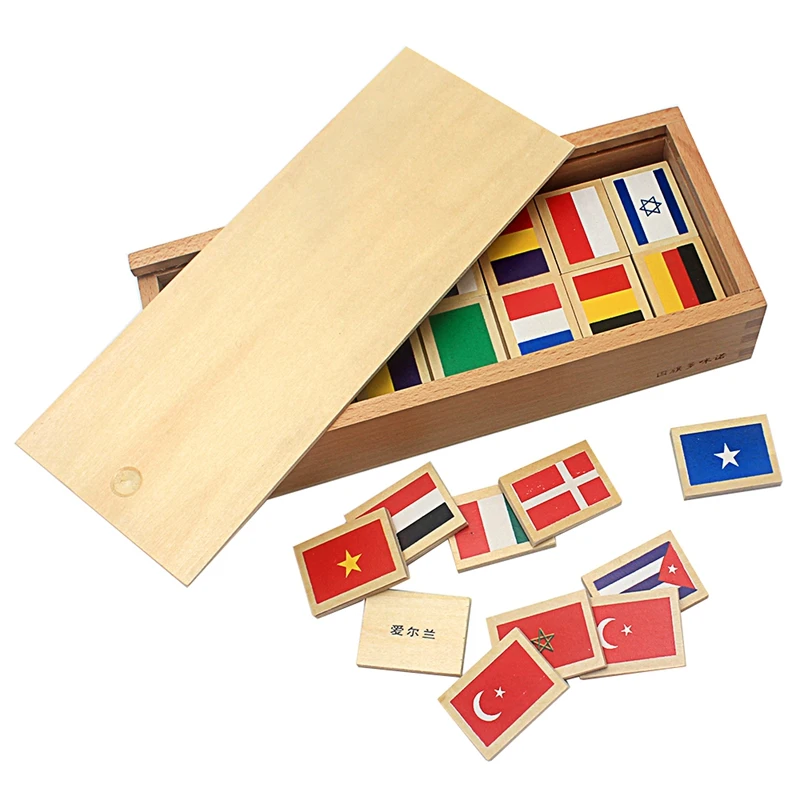 Décennie s de dom37en bois Montessori pour enfants, drapeaux avec boîte en bois, jouets préscolaires, cadeau pour garçons et filles, nouveauté, 80 pièces