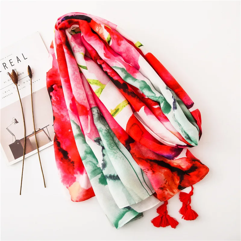 2022 Autumn Winter Spain Fashion Oil Painting Floral Tassel Viscose Shawl Scarf Women Print Warm Hijabs and Wraps Muslim Sjaal