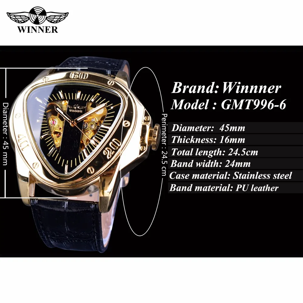 Winner Steampunk Fashion Triangle Golden Skeleton Movement Mysterious Men Automatic Mechanical Wrist Watches Top Brand Luxury