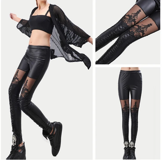 Czarne legginsy punkowe damskie legginsy Faux Leather Leginsi Lacina Calca wzorzysty kwiatowy bandaż koronkowe szwy gotyckie ubrania PU