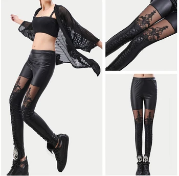 أسود فاسق Leggins النساء طماق فو الجلود Leginsi Lacina كالكا منقوشة الأزهار ضمادة الدانتيل خياطة الملابس القوطية بولي PU