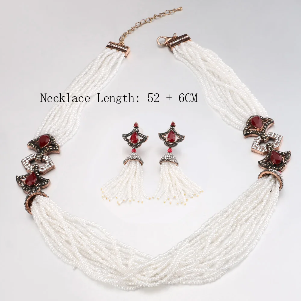 2 Pcs/lot Luxury African Beads Jewelry Set Vintage Red Stone Long Tassel Statement Necklace Earrings For Women