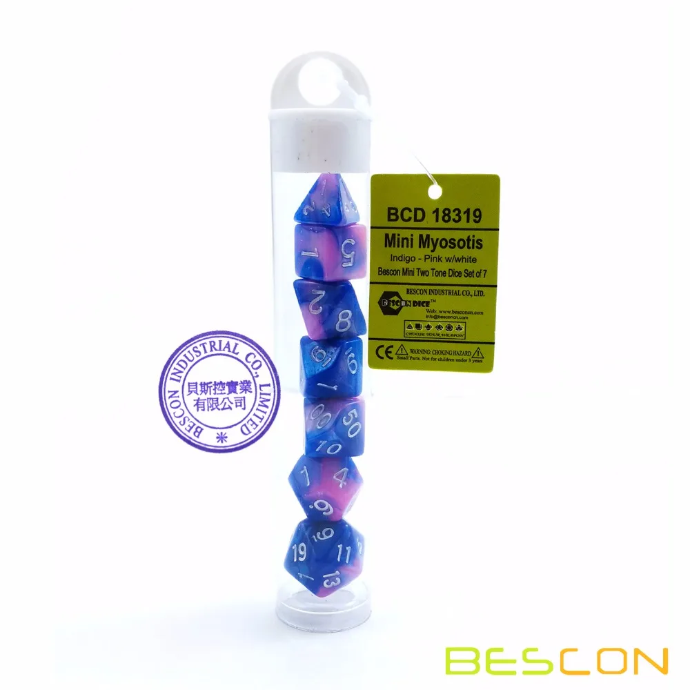 Bescon Mini Gemini Due Tono Poliedrica RPG Dadi Set 10MM, piccolo Mini RPG Giochi di Ruolo Gioco di Dadi D4-D20 in Tubo, Colore di Myosotis