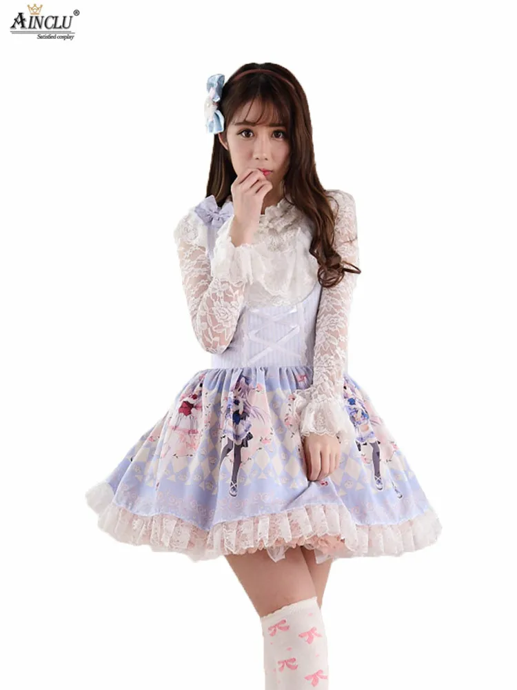 Ainclu Vrouwen Blauw Polyester Rose Soft Schattige Zoete Leuke Riem Prinses Lolita Jurk