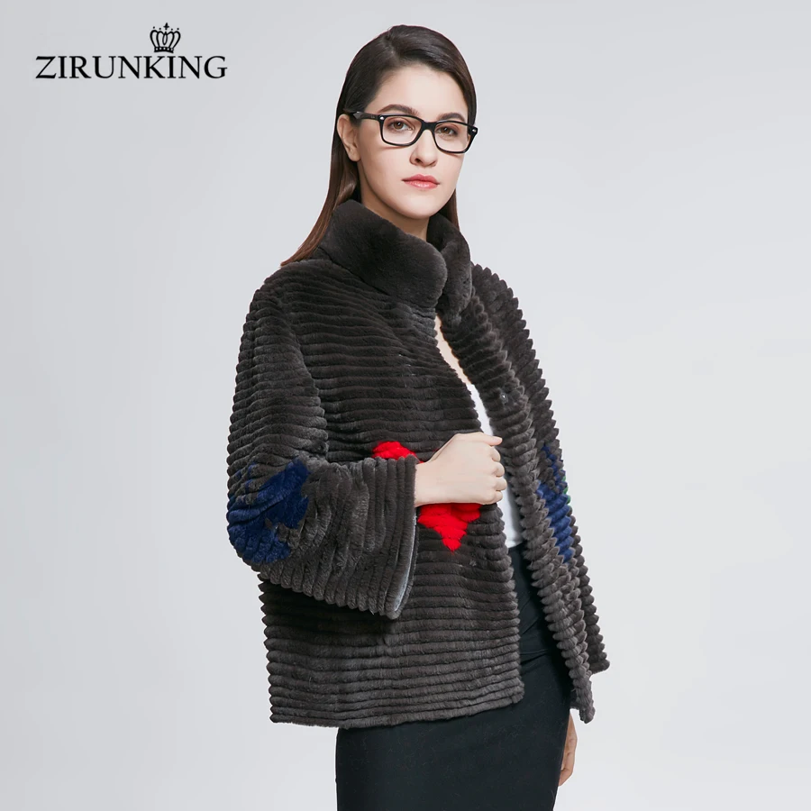 ZIRUNKING Real Fur Coats Women Natural Rex Rabbit Fur Jacket Autumn Warm Knitted Stripe Clothing Lady  Fashion Outerwear ZC1804