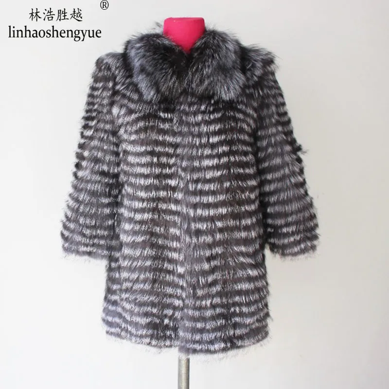 Linhaoshengyue-Real Silver Fox Fur Coat, Length 80cm,  lapel