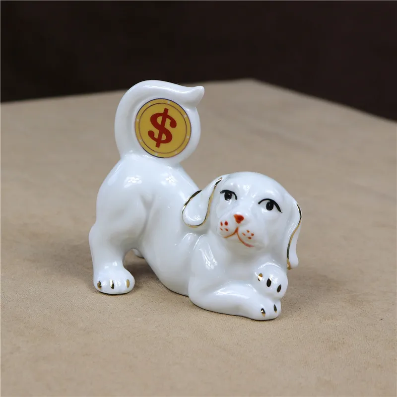 Porcelain Fortune Doggie Figurine Ceramic Money Dog Miniature Mascot Gold Coin Household Decor Handicraft Ornament Embellishment