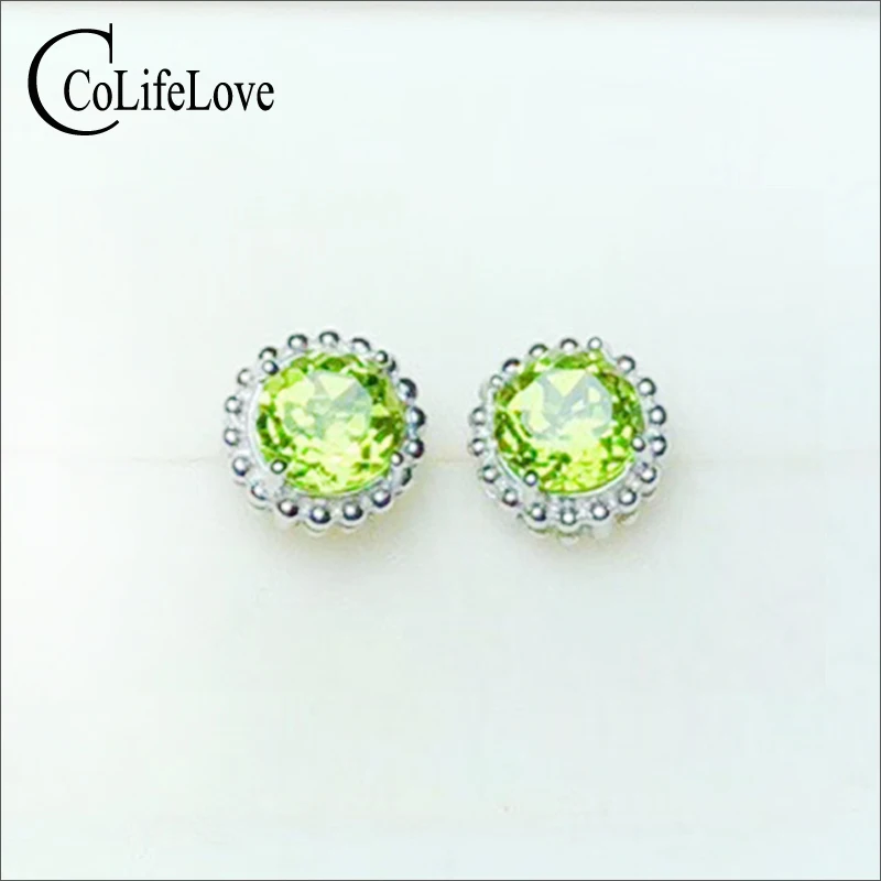 Simple round 925 silver stud earrings with gemstone natural peridot earrings for party sterling silver peridot jewelry