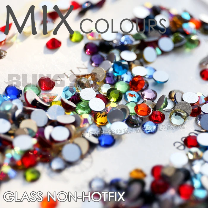 Unghie Artistiche Cystals Mix di Colori di Formati di Vetro Non Hot Fix Posteriore Piana Del Rhinestone SS3 SS4 SS5 SS6 SS8 SS10 SS12 SS16 SS20 SS30
