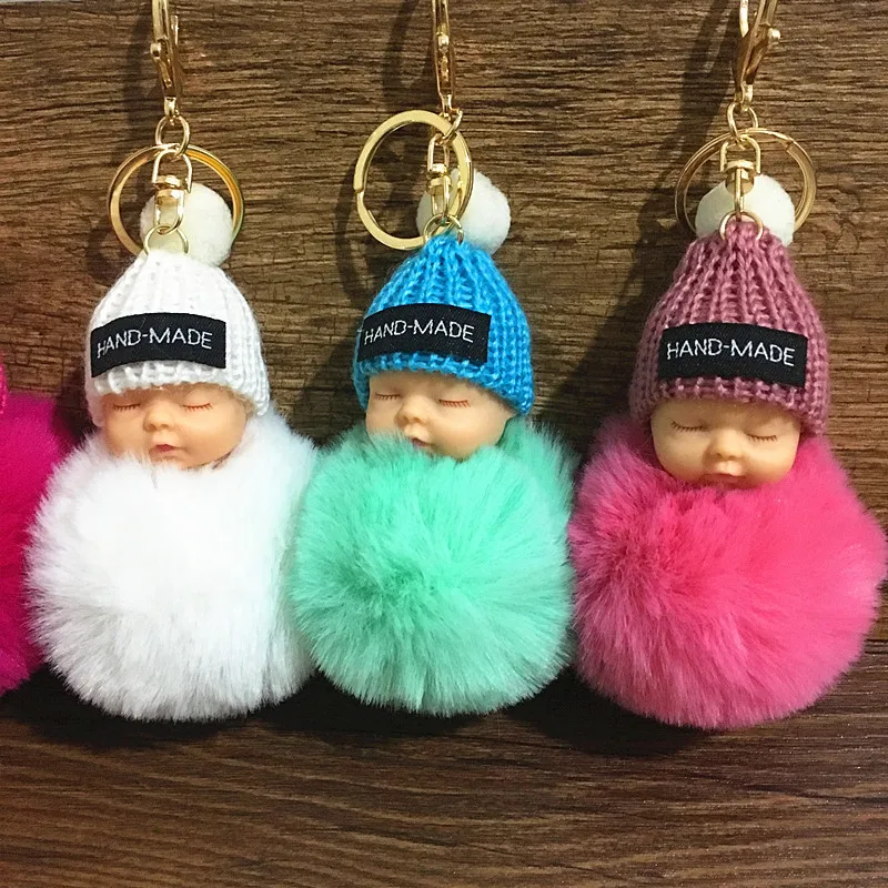 Fashion Sleeping Baby Doll Keychain Women Fluffy Pompom Key chain llaveros pom pom keyring Key Holder Bag Chaveiro Pompon Porte