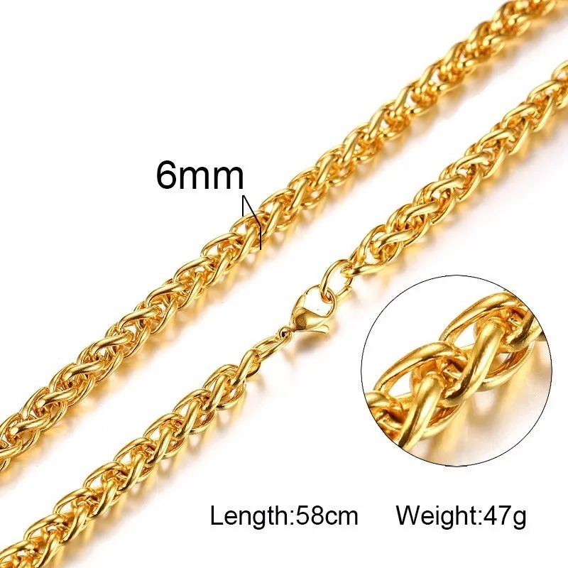 Vnox Gold Color Men Stainless Steel Wheat Spiga Franco Link Chain Necklace Male Jewelry 24 Inch in 3-7MM Width