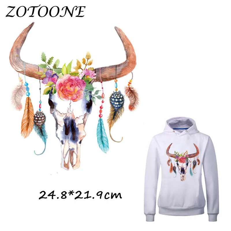 ZOTOONE Flower Feather Bull Head Patch for Clothes T Shirt Ironing on Patches Stickers DIY Heat Transfer Accessory Appliques C