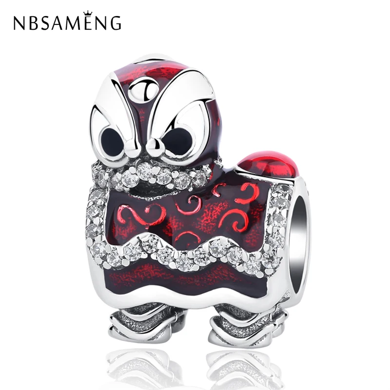 

Authentic 925 Sterling Silver Chinese Culture Lion Dance Charm Red Bead DIY Crystal Charms Fit Bracelets Women Jewelry