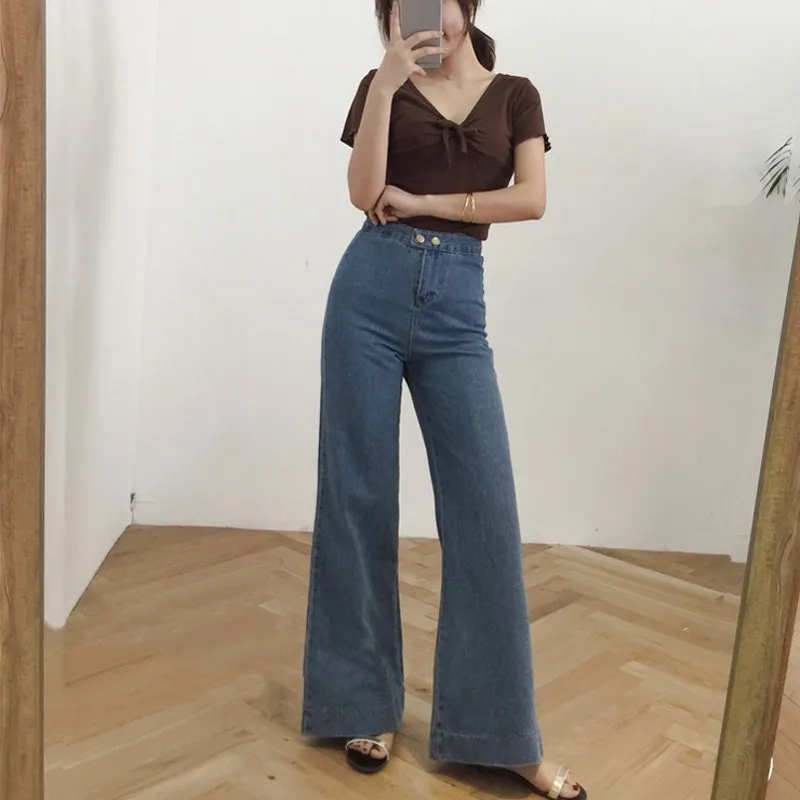 Herfst Womens Jeans Koreaanse Retro Effen Kleur Hoge Taille Wijde Pijpen Broek Loose Fit Jeans Casual Denim Full Length Flare broek