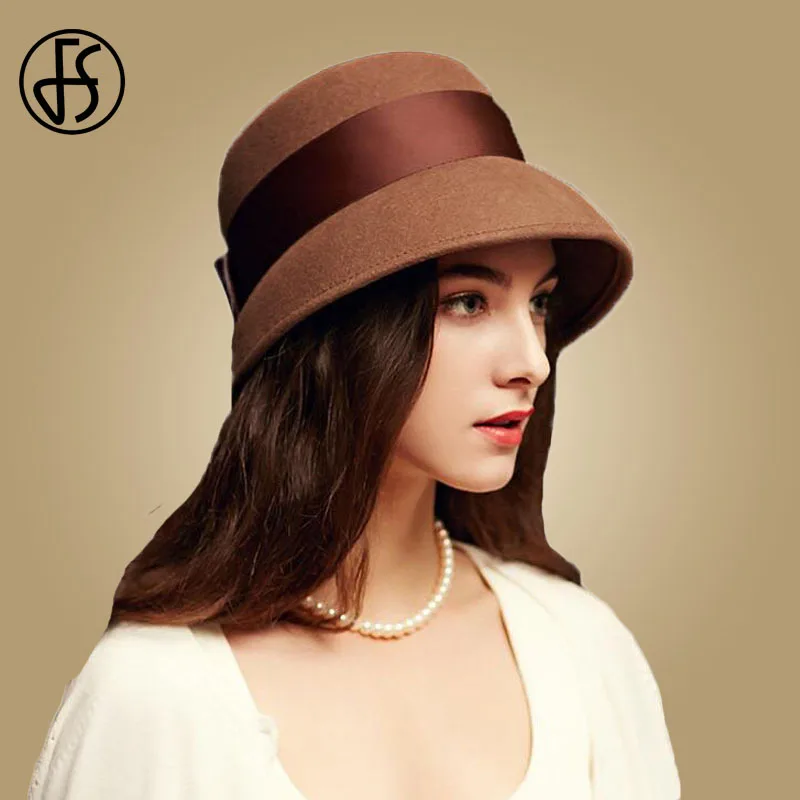 FS Black Winter Hats Women Wide Brim Wool Fedora Elegant Bowler Cloche Felt Caps Vintage Ladies Church Hat Sombreros Mujer