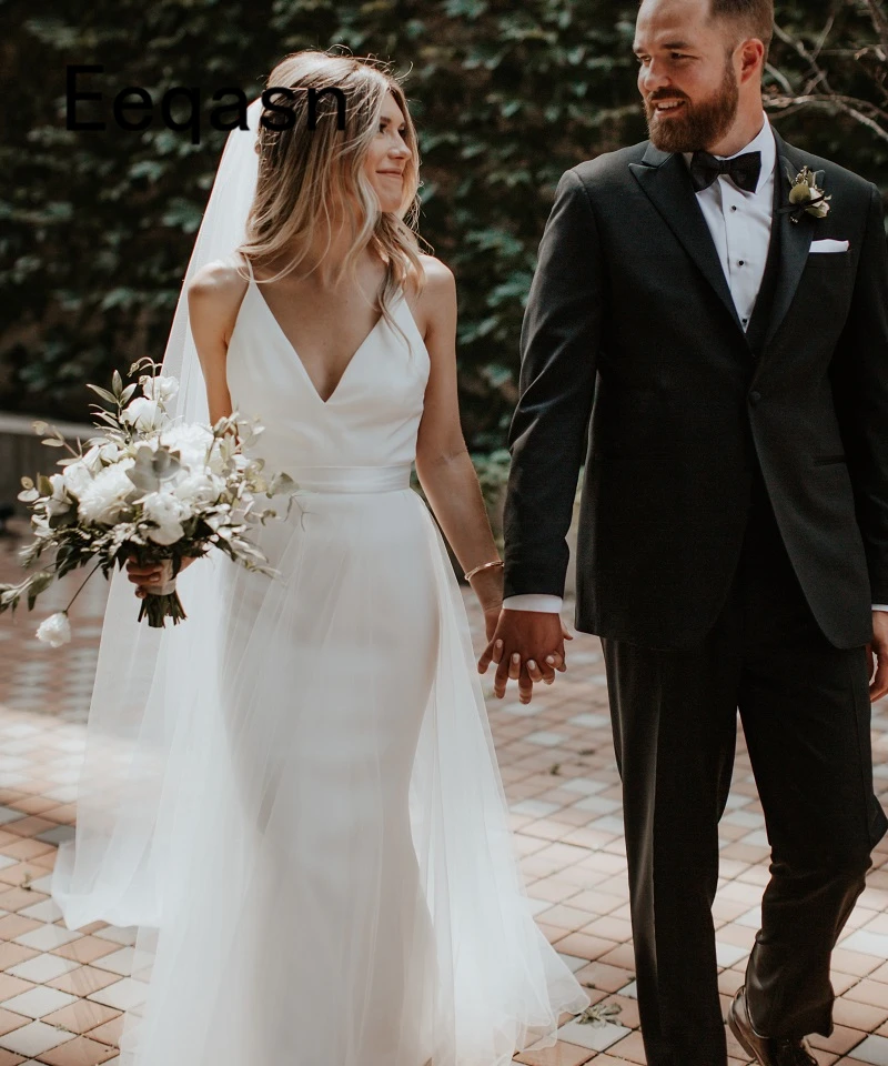 Vestido de novia de sirena con Espalda descubierta, traje de novia de cola de tul desmontable, Sexy, bohemio